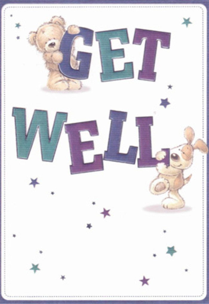 Evoking the gentle, communal spirit of Wembley, this get well card pairs friendly artistry with an outpouring of encouragement. The playful illustration comes alive with two cherished characters: a furry brown bear and a floppy-eared puppy, each intertwined with robust, cheerful letters that bring the words 'Get Well' to life. Their soft, expressive faces radiate hope, framed by sprays of starlike bursts that seem to float as wishes across a pristine white canvas-much like the local Wembley flower markets brighten even a drizzle-tinged morning. Purple and aqua tones in the typography add an extra layer of comfort, grounding the design with friendly assurance. The textures are so vivid you can almost sense the velvety puppy ears and the plush bear's coat, mirroring the tactile delight of a fresh bouquet prepared by skilled Wembley florists. This composition communicates pure kindness and restoration, wrapping every viewer in an embrace as soothing as a local florist's hand-tied posy.