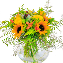 Overflowing with brightness, this exquisite floral arrangement is a tribute to the cheerful days of Wembley, capturing both nature's artistry and the skill of local florists. Dominating the bouquet, broad-faced sunflowers radiate golden warmth, their bold petals framing rich chocolate-brown centers. Interlaced with them are exquisite yellow roses, their petals tightly layered into luminous, rosette shapes that evoke beauty and celebration. Glossy red Hypericum berries dot the design, adding a touch of playfulness reminiscent of the vibrant stalls at Wembley Market. A bounty of greenery - from cascading ferns to airy sprigs of goldenrod flecked with delicate yellow flowers - weaves through the blooms, introducing depth and movement much like the leafy tranquility found along Brent River Park. The glass vase, crystal-clear and perfectly round, cradles each stem in cool water, magnifying the freshness and emphasizing the architectural grace of the arrangement. Eucalyptus leaves lend subtle scents and a gentle blue-green accent, completing the rustic yet elegant feel. This bouquet is ideal for birthdays and festive gatherings in Wembley, its palette and textures bringing a joyful, sunlit radiance to any space. Every detail attests to the care and craftsmanship of Flowers Wembley, reflecting the heart and artistry of the local community.