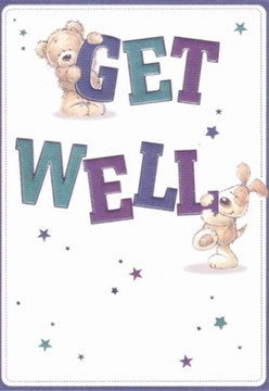 In this delightful Wembley-inspired get well card, two friends-a softly rounded teddy bear and an eager puppy-take centre stage, joyfully interacting with oversized, colourful letters spelling out 'Get Well.' The artwork glows with shades of indigo and teal, infusing the composition with a vibrant yet gentle energy that reflects the diverse spirit of Wembley's community. Sprinkled throughout are twinkling stars rendered in variegated blues and purples, reminiscent of starlit evenings near King Edward VII Park. The inviting cream-white backdrop creates an impression of calm and clarity, so valued during times of recovery. The artists render the animals' fur with such a tactile softness that one feels the urge to reach out, much like running a hand over fresh petals from a Wembley florist's bouquet. The card's overall effect is one of nurturing tenderness and heartfelt support, making it a perfect choice for sending well wishes to loved ones throughout Wembley and its welcoming neighbourhoods.